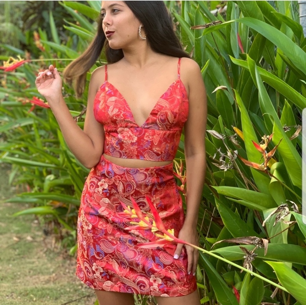 Tropical crop top and mini skirt set